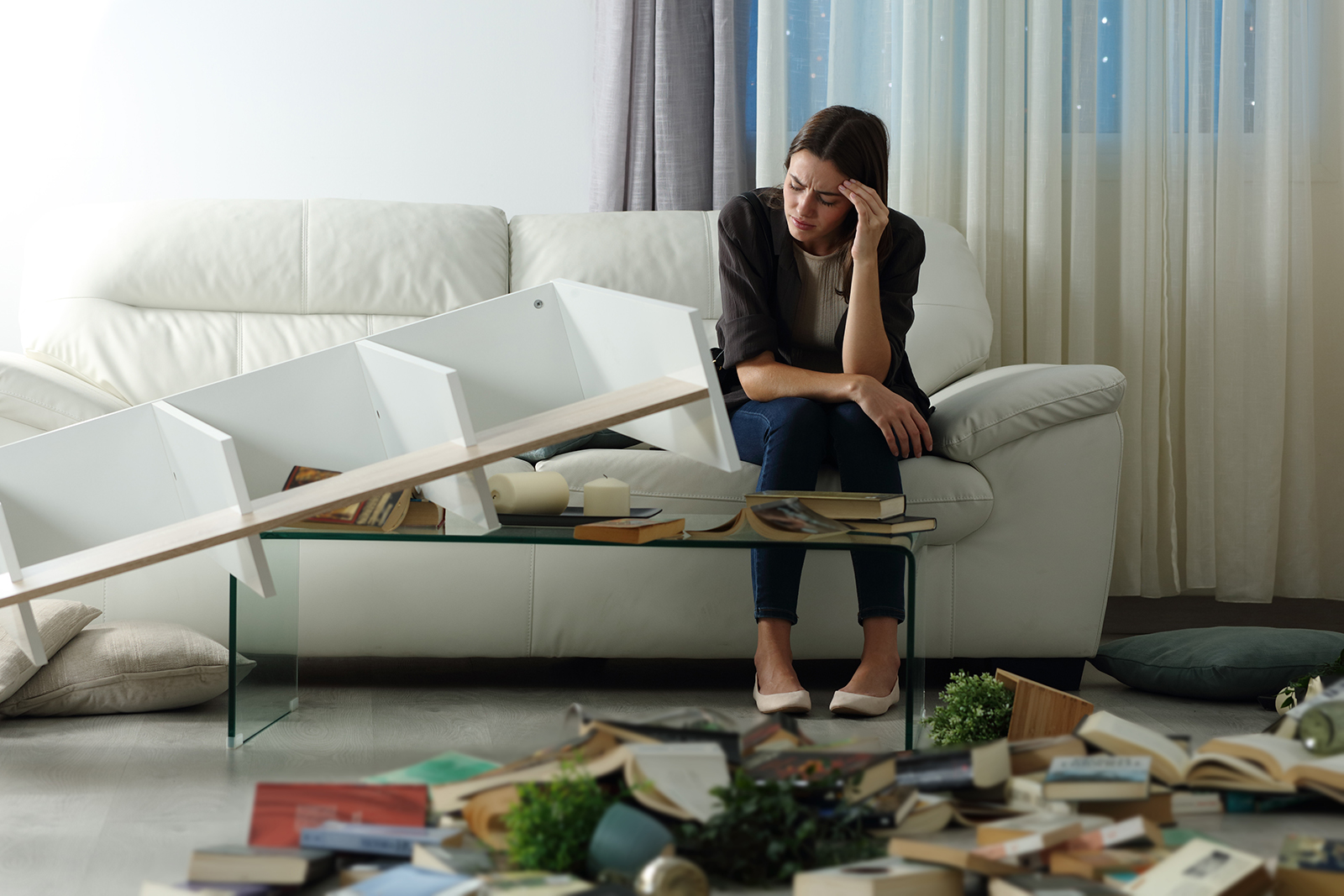 upset lady sitting on sofa in living room after a burglary